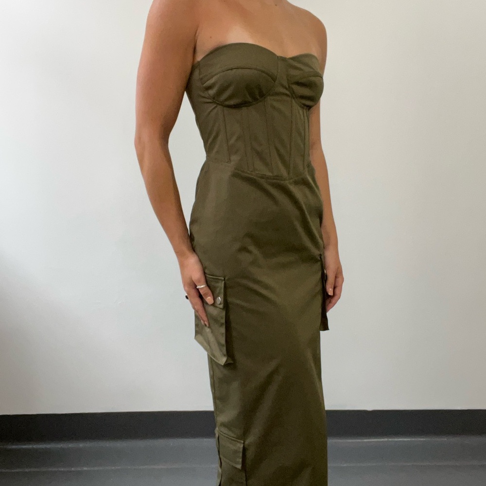Strapless Green Cargo Dress with Pockets